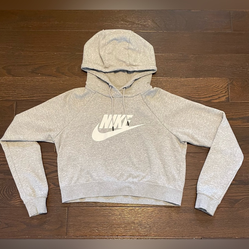 NIKE sportswear sz M Essential Fleece GX Cropped Hoodie gray/white sweatshirt